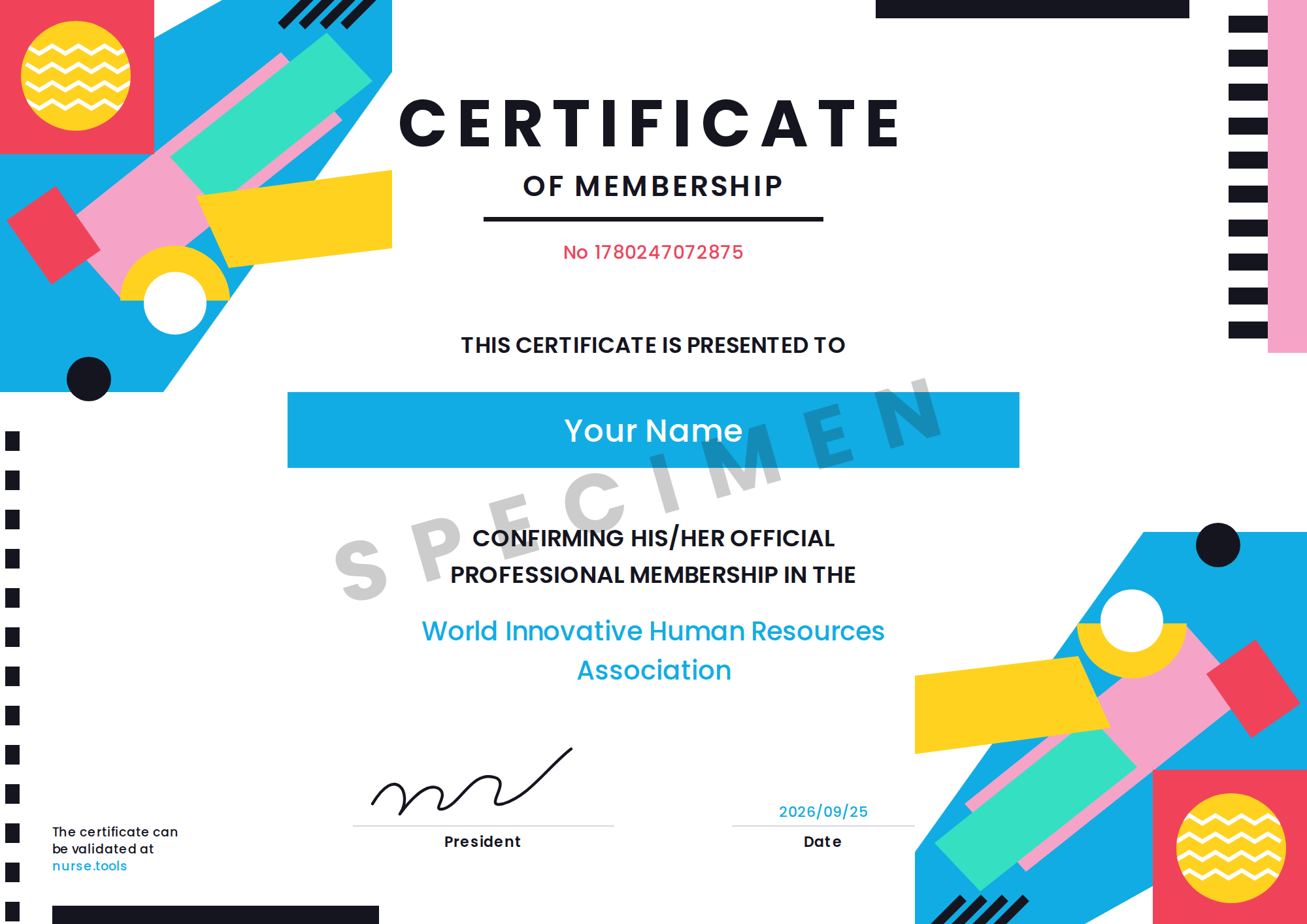 Specimen of the WIHRA certificate of membership