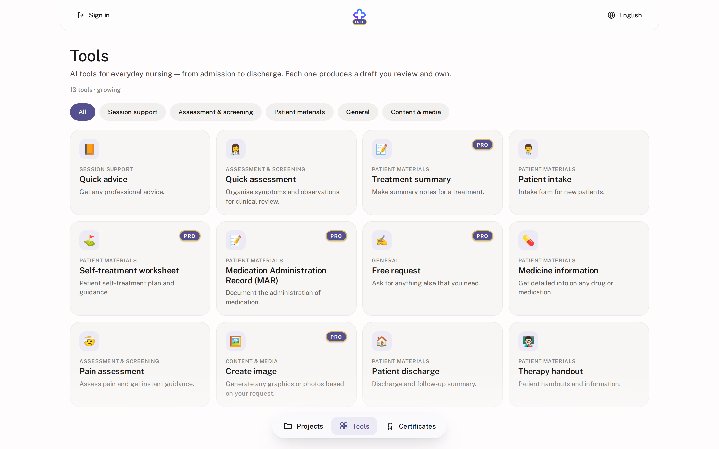 Nurse Tools' Tools page with patient materials, assessment and reference tools