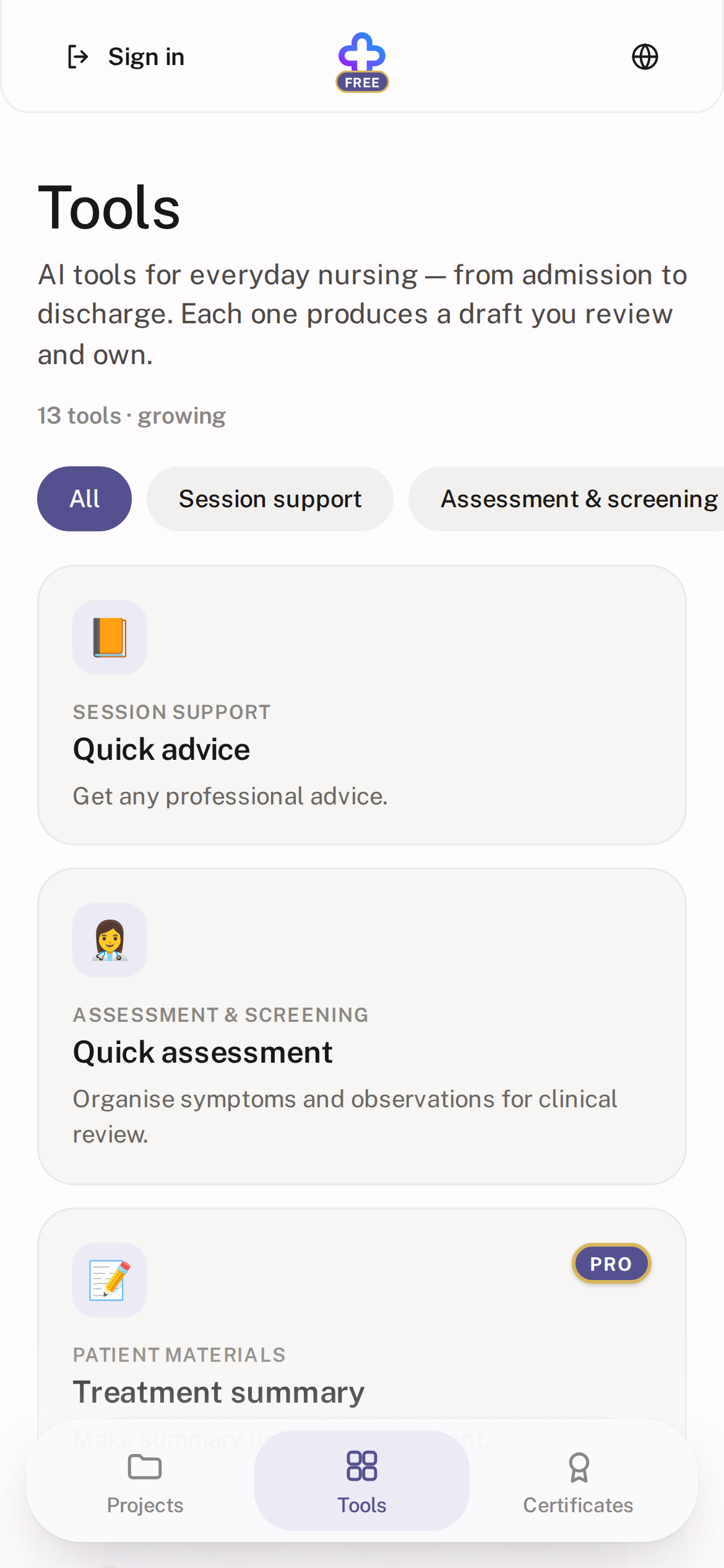 Nurse Tools' tool list on a phone