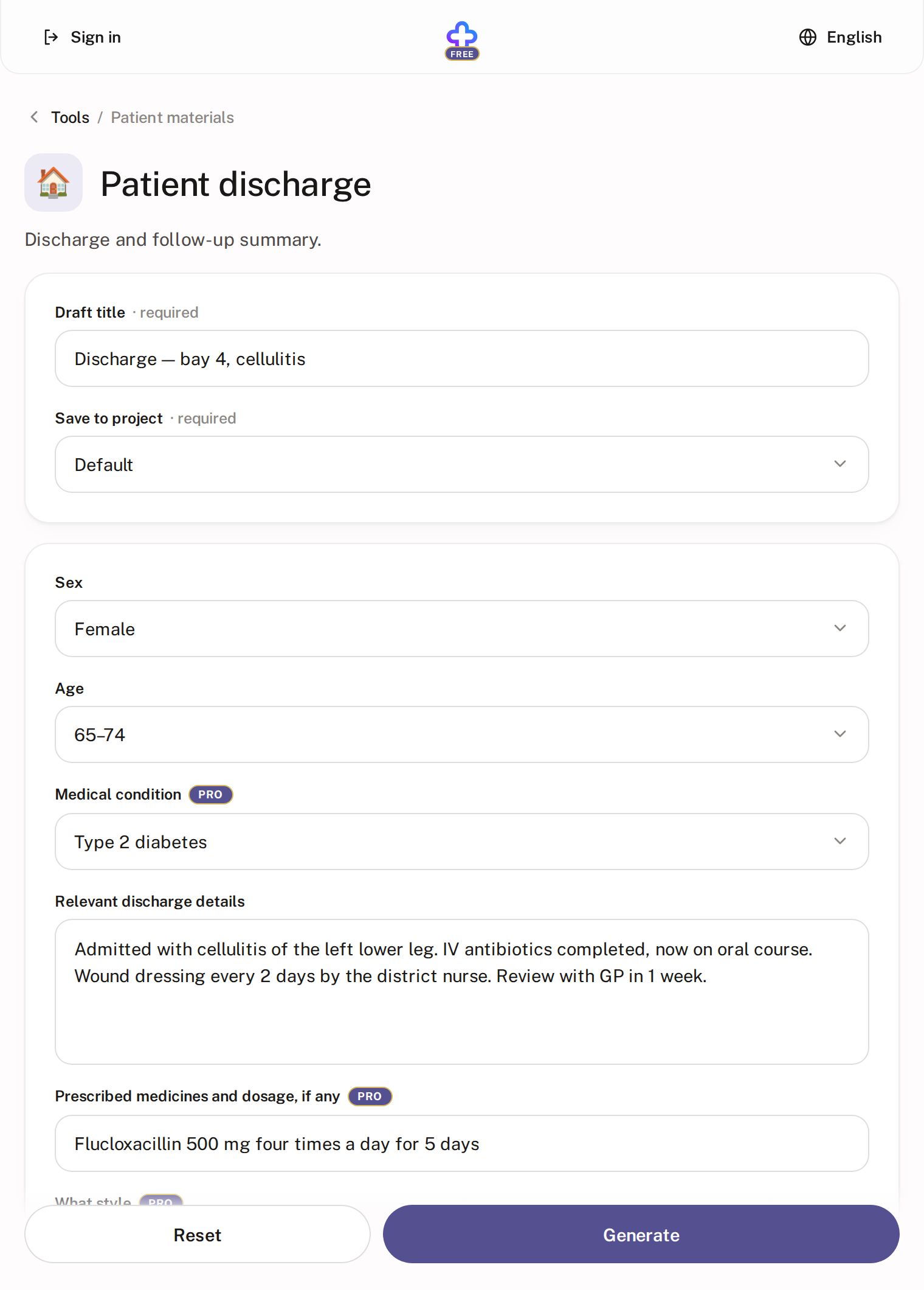 The Patient discharge tool with fields for condition, discharge details, medicines and style